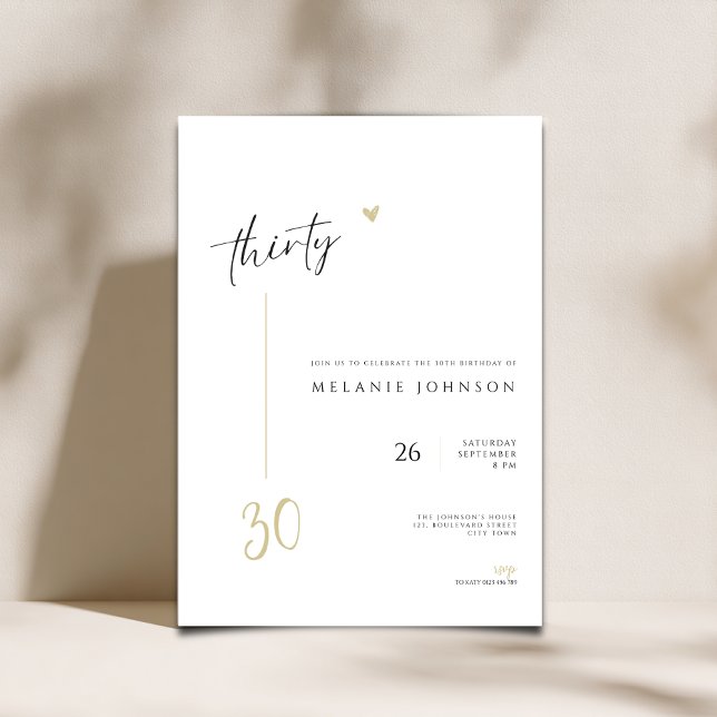 Convite de Aniversário de 30 anos Minimal Moderno (Modern Minimal 30th birthday invitation with handwritten typography,)