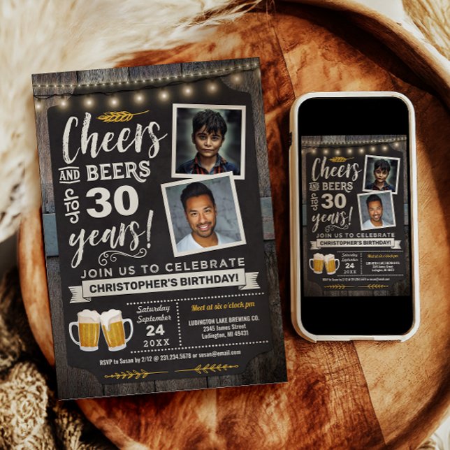 Convite de Aniversário de 30 anos Photo Cheers and (Photo Cheers and Beers 30th Birthday Invitation)
