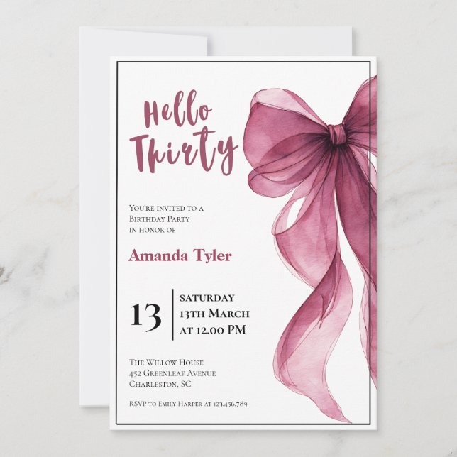 Convite de Aniversário de 30 anos Plum Bow (Frente)