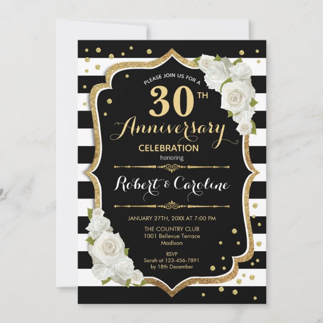 Convite de Aniversário de 30 anos - Preto Branco D (Frente)