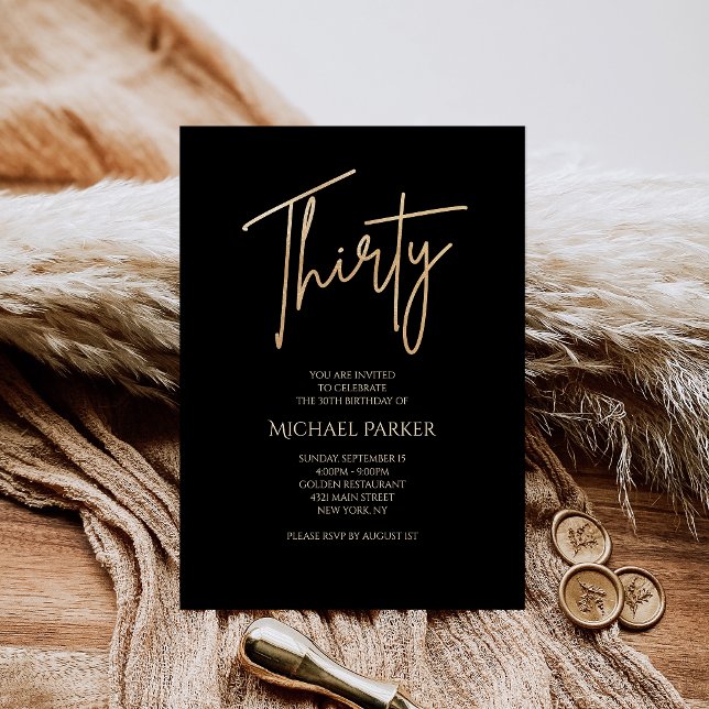 Convite de Aniversário de 30 anos Preto e Dourado  (Elegant Black and Gold 30th Birthday Party Invitation)
