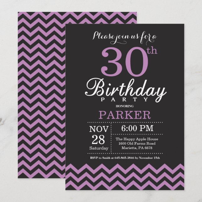Convite de Aniversário de 30 anos Preto e Roxo (Frente/Verso)