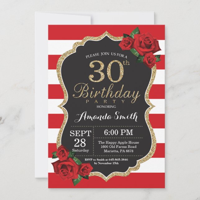Convite de Aniversário de 30 anos Red Rose com Bri (Frente)