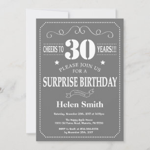 Convite de Aniversário de 30 anos Surpresa Cinza e