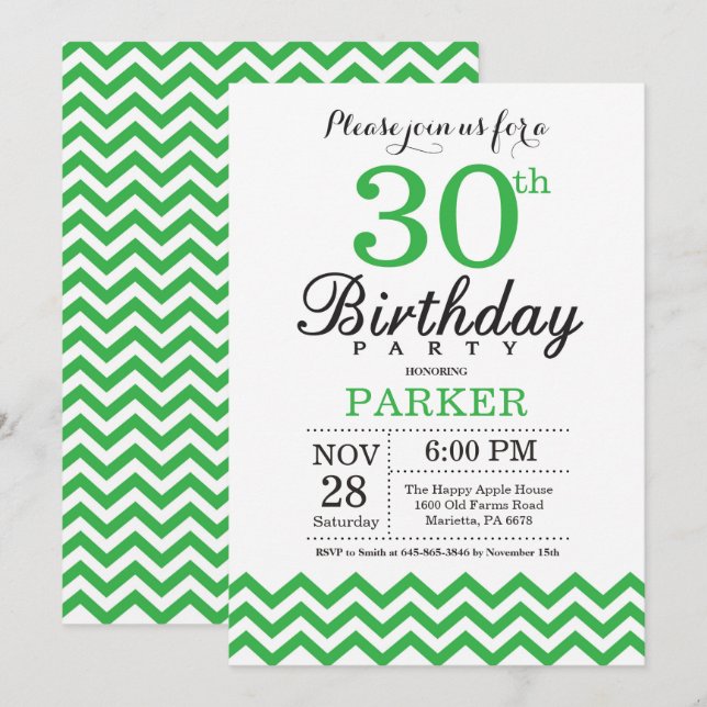Convite de Aniversário de 30 anos Verde Chevron (Frente/Verso)
