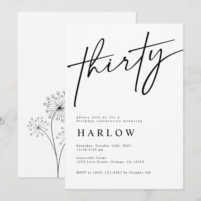 Convite de aniversário de 30 dias, preto e branco (Frente/Verso)
