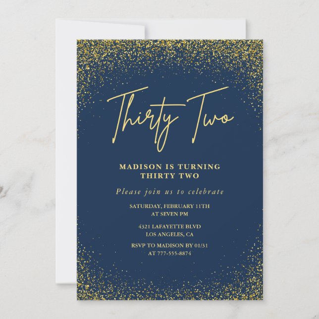 Convite de aniversário de 32 anos elegante Navy Do (Frente)
