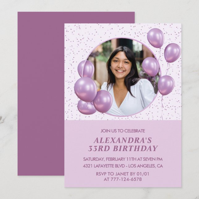 Convite de aniversário de 33 anos Balões Foto Roxo (Frente/Verso)