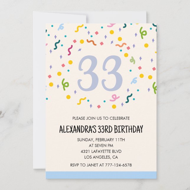 convite de aniversário de 33 anos Confetes (Frente)