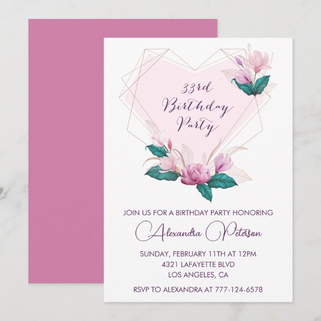 convite de aniversário de 33 anos Elegante Boho ro (Frente/Verso)