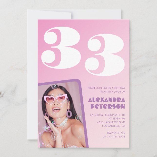 convite de aniversário de 33 anos Foto Retro Rosa (Frente)