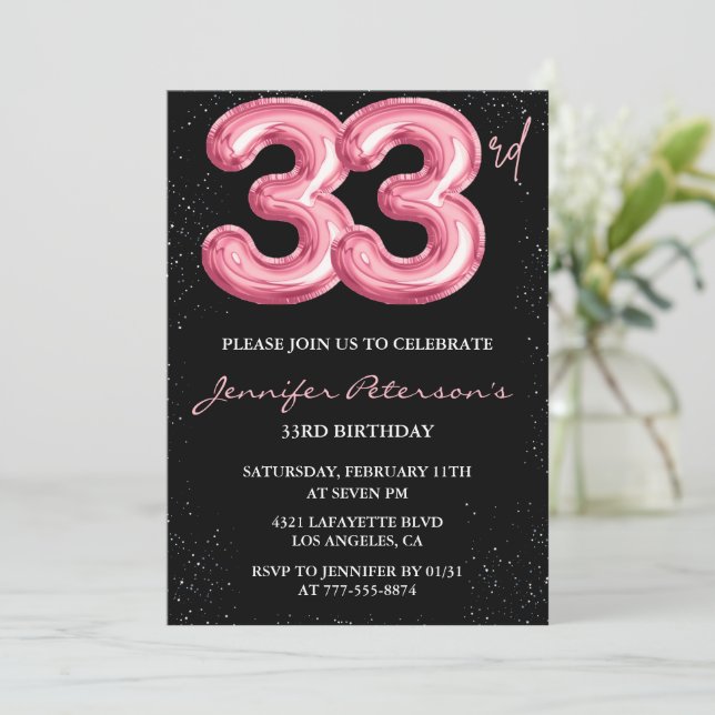 convite de aniversário de 33 anos Glam Rosa Balão  (Em pé/Frente)
