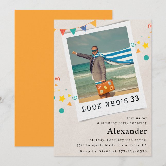 convite de aniversário de 33 anos homens foto engr (Frente/Verso)