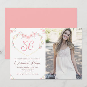 Convite de aniversário de 36 anos com foto floral