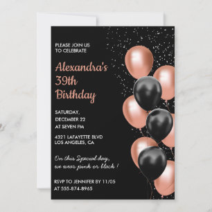 Convite de aniversário de 39 anos Black Rose gold