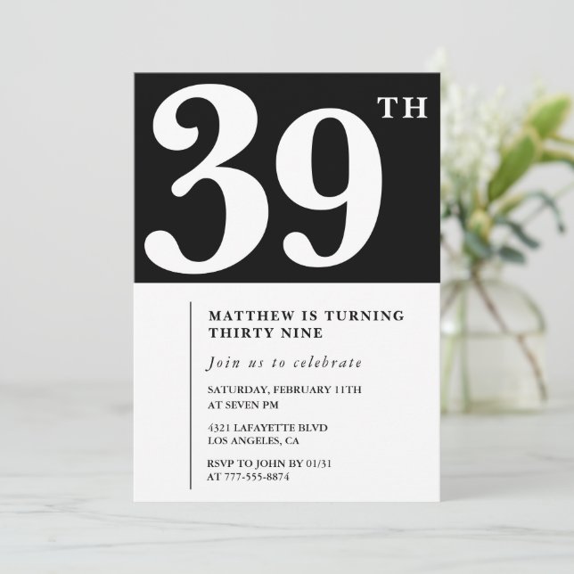 Convite de aniversário de 39 anos preto Elegante C (Em pé/Frente)