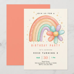 Convite de Aniversário de 3 Anos Arco-Íris Pastel