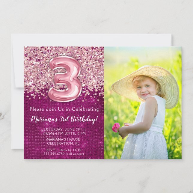 Convite de Aniversário de 3 anos com Foto Magenta  (Frente)