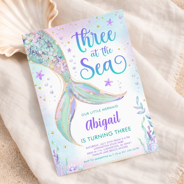 Convite de Aniversário de 3 anos da Sereia do Mar (Three at the Sea Mermaid 3rd Birthday Invitation
)