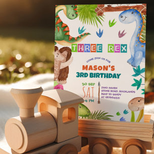 Convite de Aniversário de 3 anos de Dinossauro Men