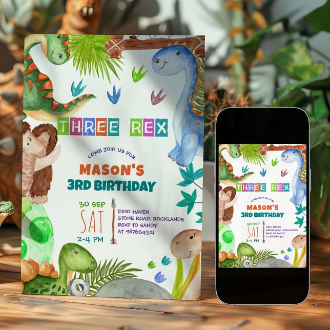 Convite de Aniversário de 3 anos de Dinossauro Men (Criador carregado)