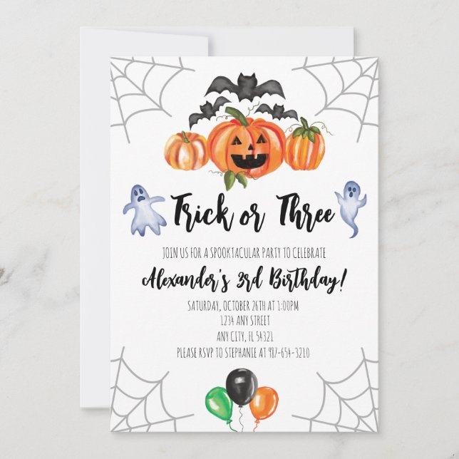 Convite de Aniversário de 3 anos de Trick or Three (Frente)