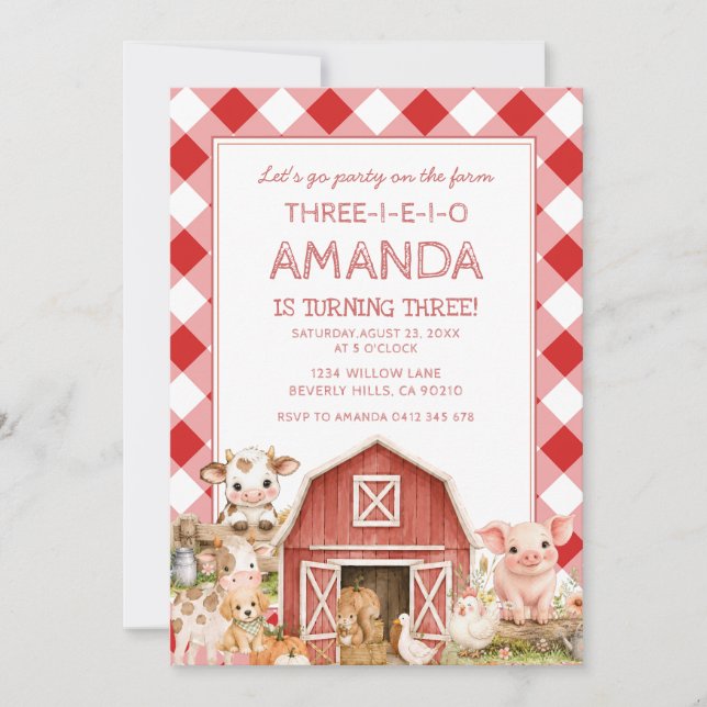 Convite de Aniversário de 3 Anos 'Farm Animals Thr (Frente)