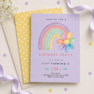 Convite de Aniversário de 3 Anos Flor de Arco-Íris