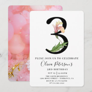 Convite de Aniversário de 3 anos Floral Com Foto P