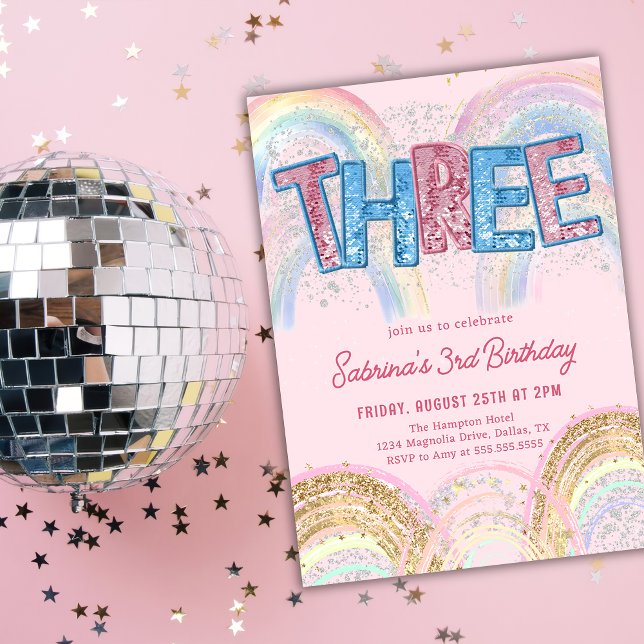 Convite de Aniversário de 3 anos Glitter Sequin Ar (Criador carregado)