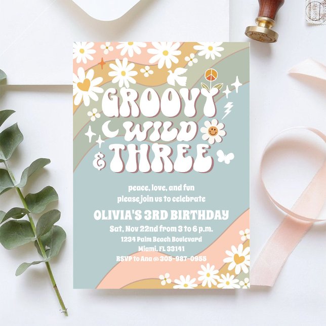 Convite de Aniversário de 3 anos Groovy Retro Dais (Criador carregado)