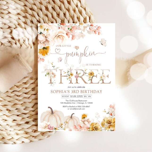Convite de Aniversário de 3 Anos Little Pumpkin Fl (Criador carregado)
