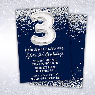 Convite de Aniversário de 3 Anos Navy Azul Prata
