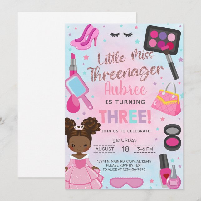 Convite de aniversário de 3 anos para menina Three (Frente/Verso)