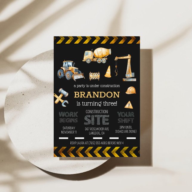 Convite de Aniversário de 3 anos para Meninos com  (Construction 3rd Boys Birthday Party Invitation)