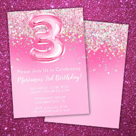 Convite de Aniversário de 3 anos Rosa Menina Brilh