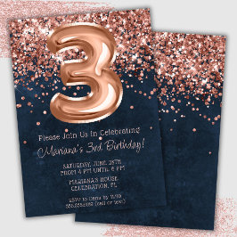 Convite de Aniversário de 3 Anos Rose Gold Azul Na