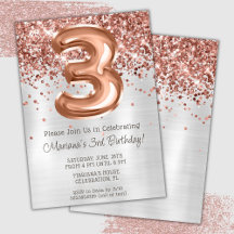 Convite de Aniversário de 3 Anos Rose Gold Prata