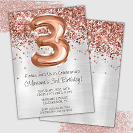 Convite de Aniversário de 3 Anos Rose Gold Prata
