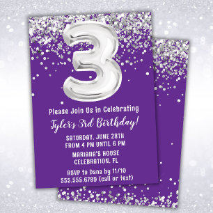 Convite de Aniversário de 3 anos Roxo Prata