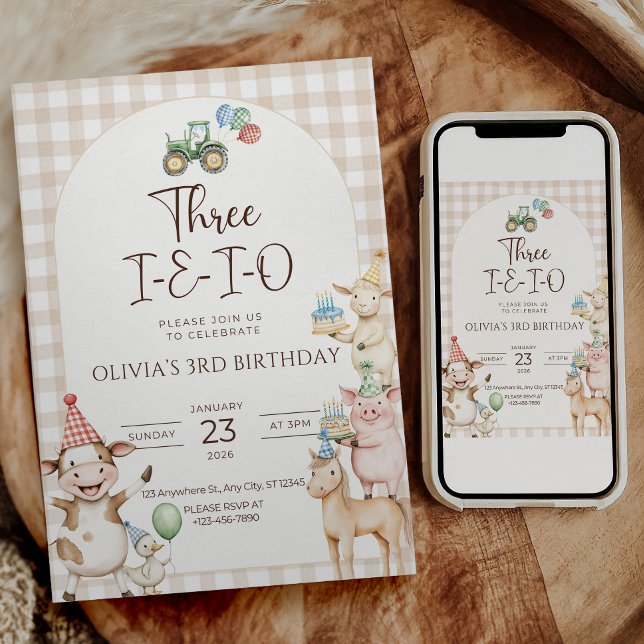 Convite de Aniversário de 3 anos Three I E I O Far (Three i e i o farm 3rd birthday invitation)