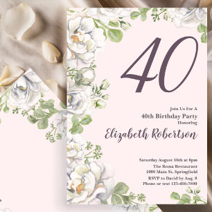 Convite de Aniversário de 40 anos Blush Rosa Flora