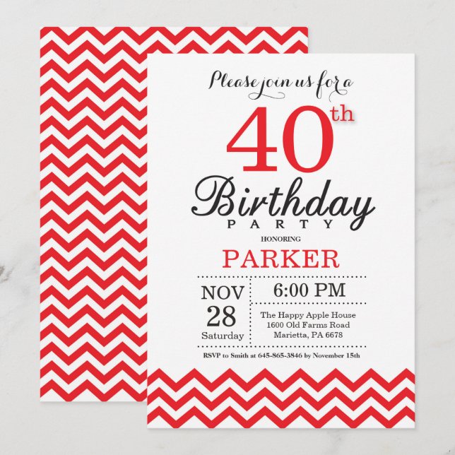 Convite de Aniversário de 40 anos Chevron Vermelho (Frente/Verso)