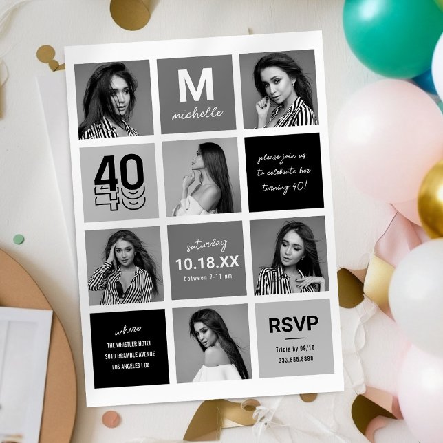 Convite de Aniversário de 40 Anos Chic Preto Cinza (Criador carregado)
