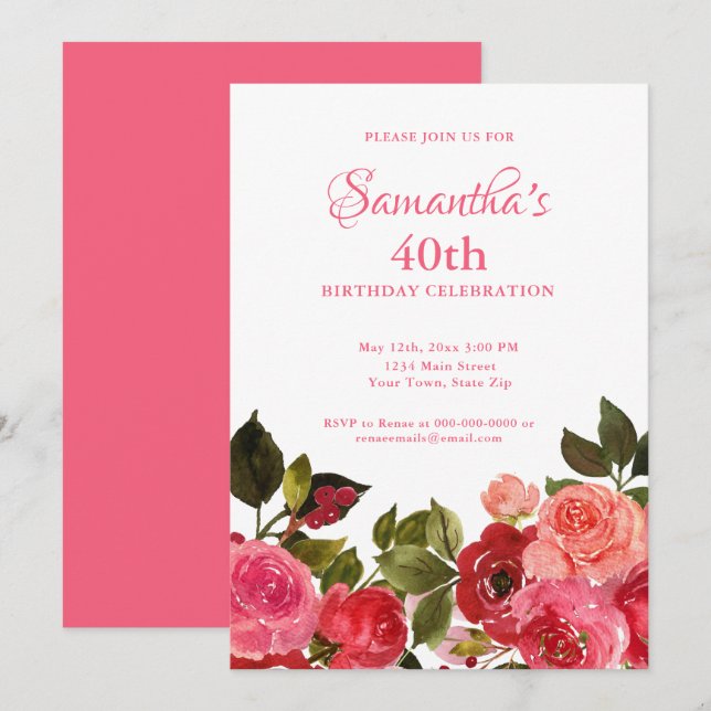 Convite de Aniversário de 40 anos com Aquarela Flo (Frente/Verso)