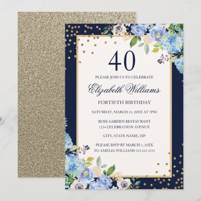Convite de Aniversário de 40 anos com Brilho Flora (Frente/Verso)