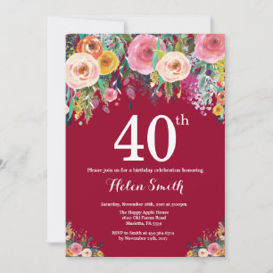 Convite de Aniversário de 40 anos com Floral Burgu
