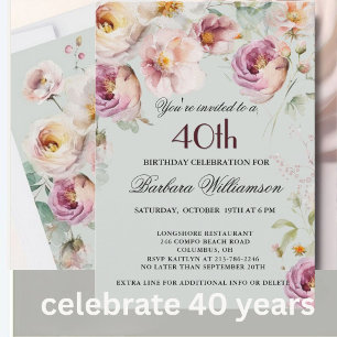Convite de Aniversário de 40 Anos com Floral Pinta