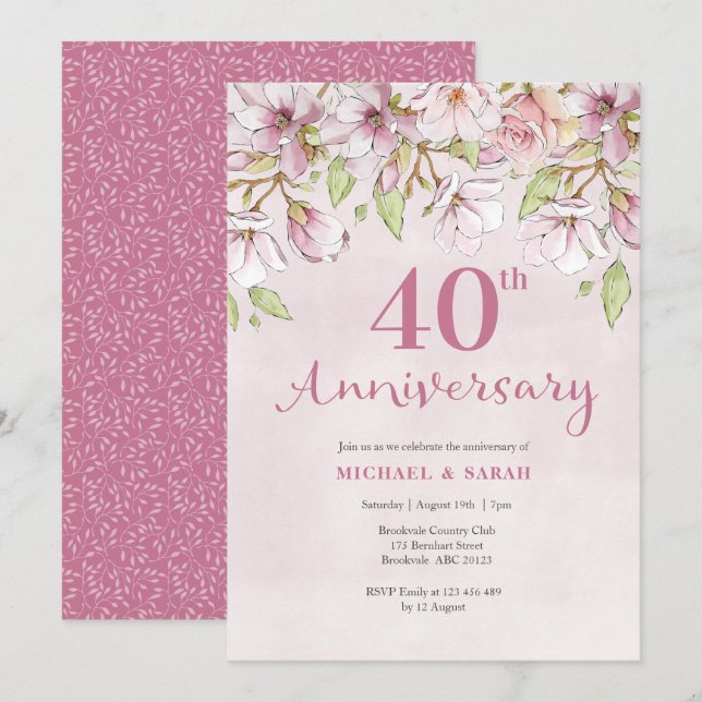 Convite de Aniversário de 40 Anos com Floral Rosa (Frente/Verso)