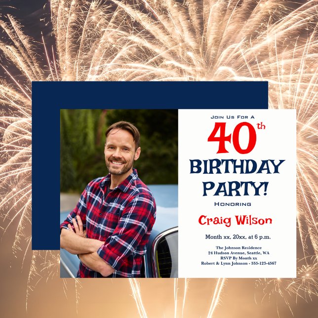 Convite de Aniversário de 40 anos com Imagem (40th Birthday Party Invitation with Image)